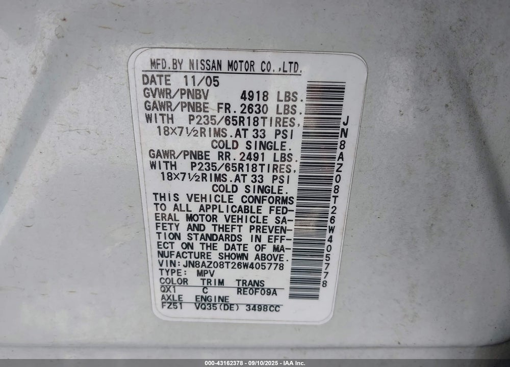 2006 NISSAN MURANO VIN: JN8AZ08T26W405778