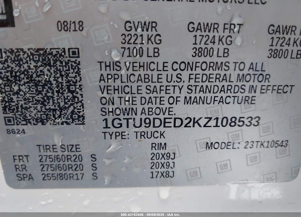 2019 GMC SIERRA 1500 VIN: 1GTU9DED2KZ108533