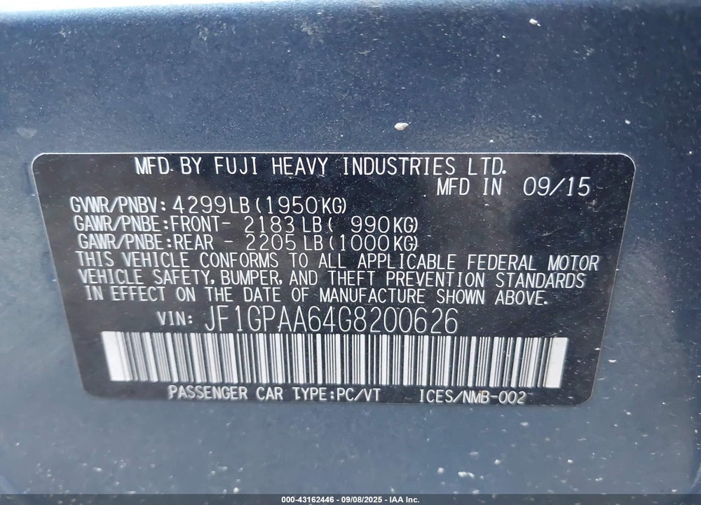 2016 SUBARU IMPREZA VIN: JF1GPAA64G8200626