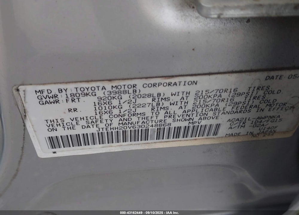 2003 TOYOTA RAV4 VIN: JTEHH20V630248868