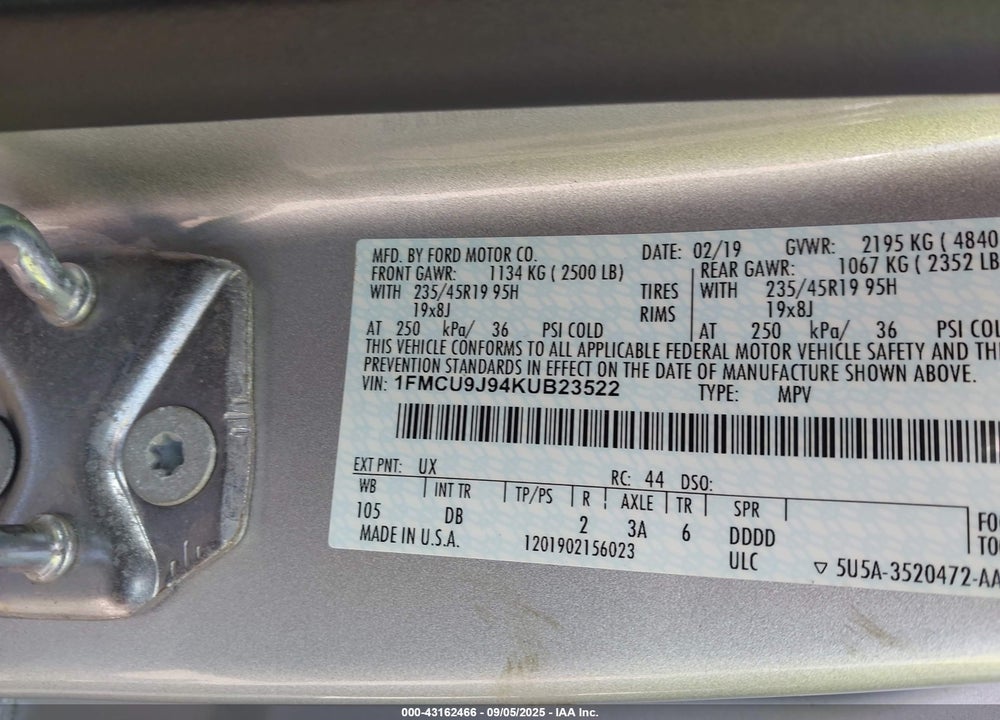 2019 FORD ESCAPE VIN: 1FMCU9J94KUB23522