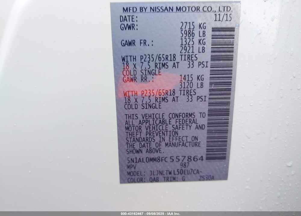2015 INFINITI QX60 VIN: 5N1AL0MM8FC557864
