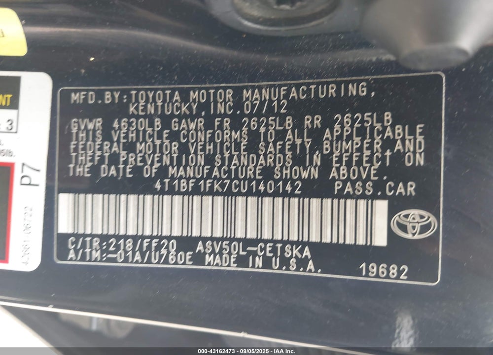 2012 TOYOTA CAMRY VIN: 4T1BF1FK7CU140142