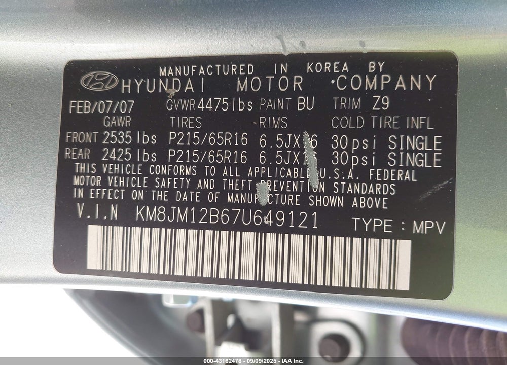 2007 HYUNDAI TUCSON GLS VIN: KM8JM12B67U649121