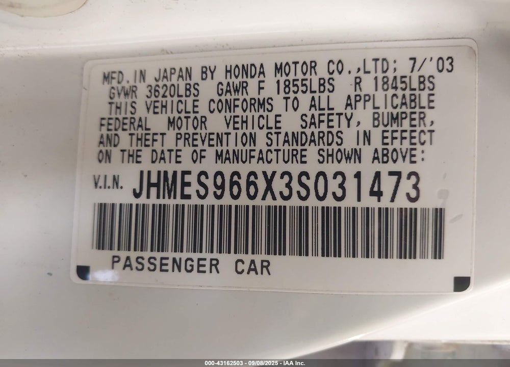 2003 HONDA CIVIC HYBRID VIN: JHMES966X3S031473