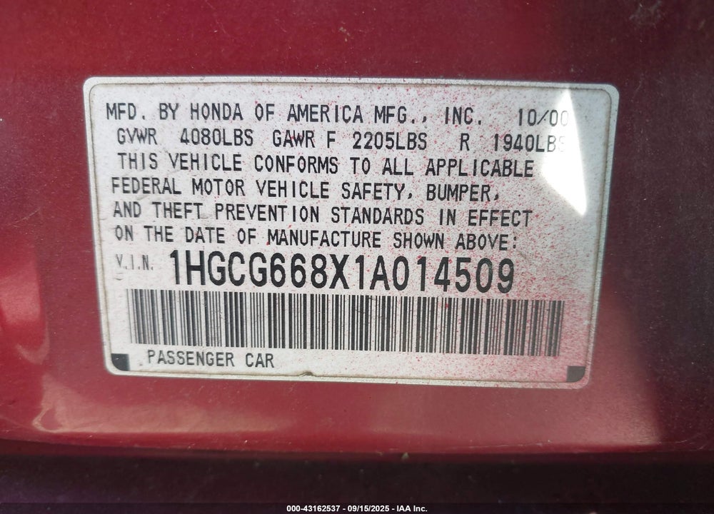 2001 HONDA ACCORD 2.3 EX VIN: 1HGCG668X1A014509