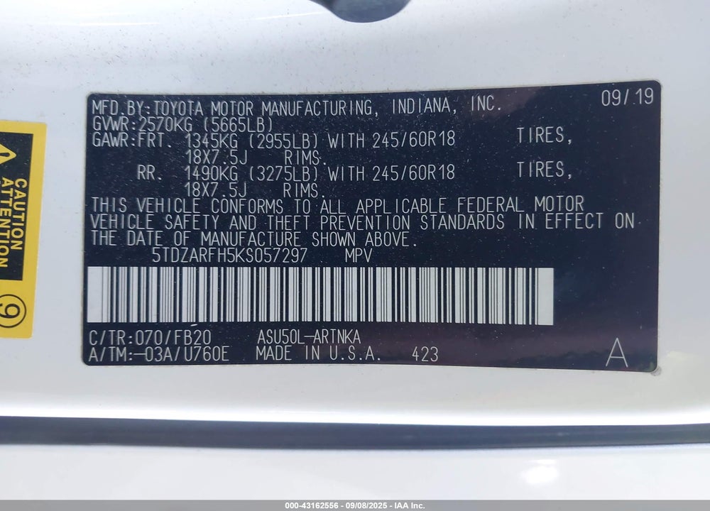2019 TOYOTA HIGHLANDER VIN: 5TDZARFH5KS057297