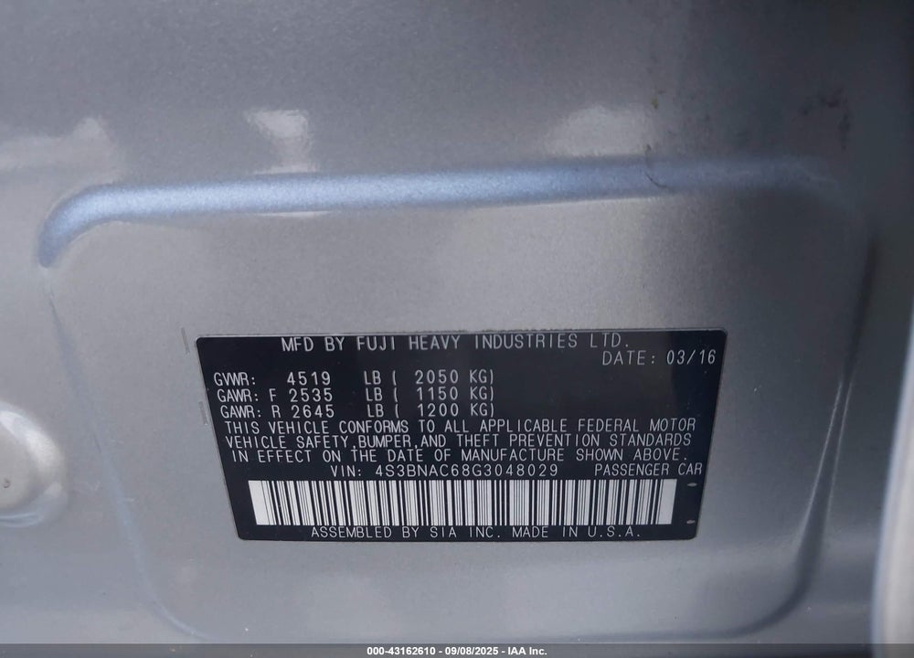 2016 SUBARU LEGACY VIN: 4S3BNAC68G3048029