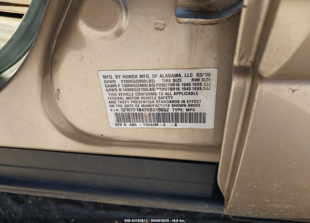 2006 HONDA PILOT EX VIN: 5FNYF18426B019092
