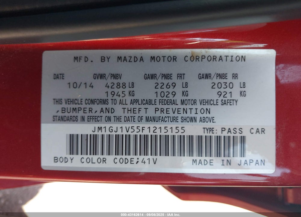 2015 MAZDA 6 VIN: JM1GJ1V55F1215155