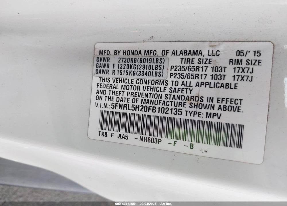 2015 HONDA ODYSSEY LX VIN: 5FNRL5H20FB102135