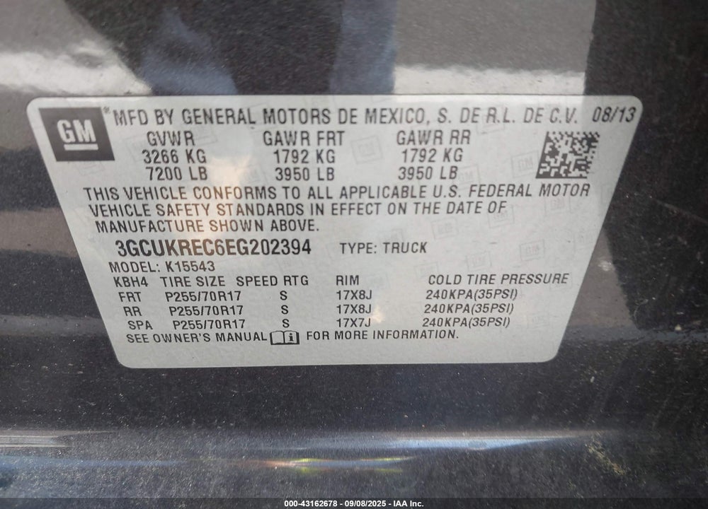 2014 CHEVROLET SILVERADO 1500 VIN: 3GCUKREC6EG202394