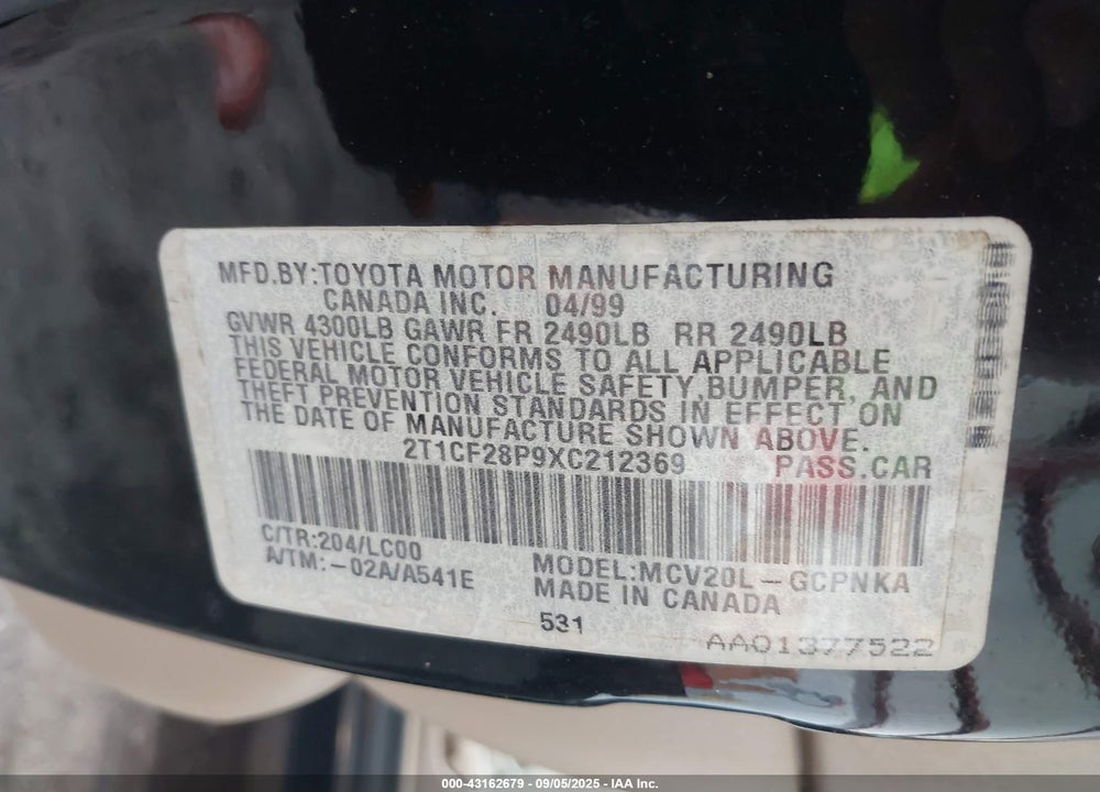 1999 TOYOTA CAMRY SOLARA SLE VIN: 2T1CF28P9XC212369