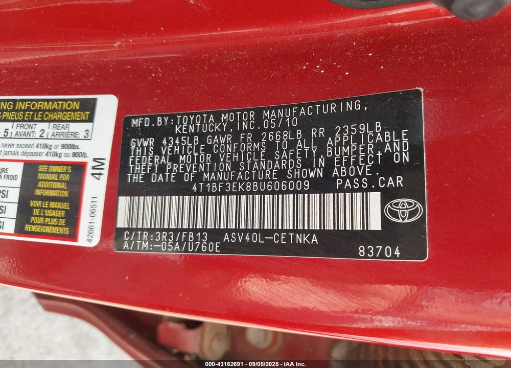 2011 TOYOTA CAMRY VIN: 4T1BF3EK8BU606009