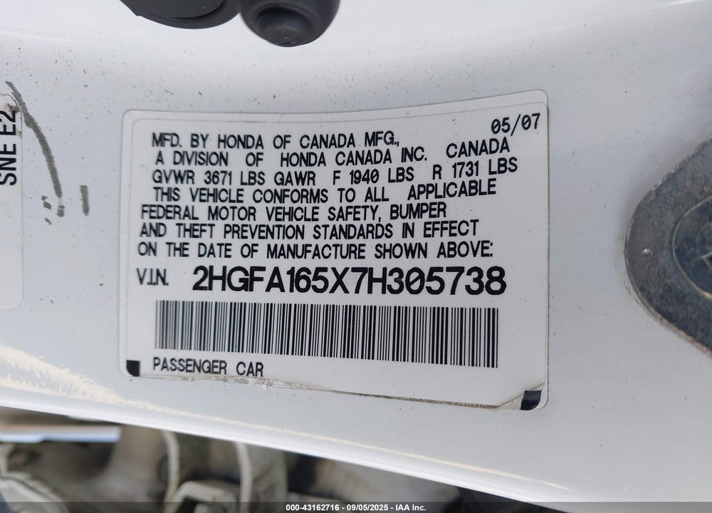 2007 HONDA CIVIC LX VIN: 2HGFA165X7H305738