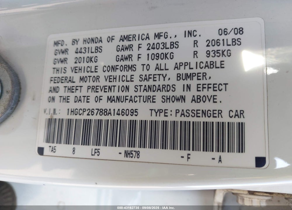 2008 HONDA ACCORD 2.4 EX VIN: 1HGCP26788A146095