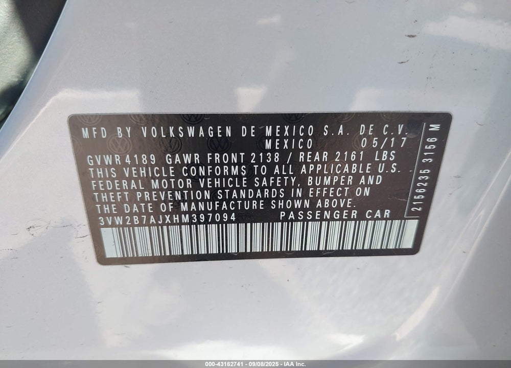 2017 VOLKSWAGEN JETTA VIN: 3VW2B7AJXHM397094