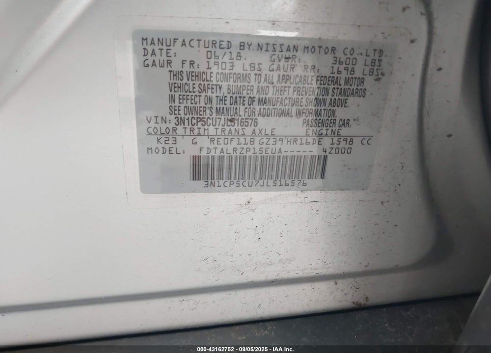 2018 NISSAN KICKS VIN: 3N1CP5CU7JL516576