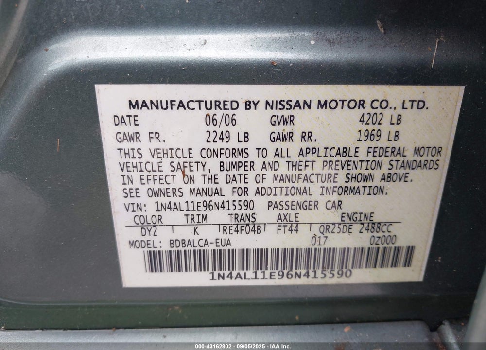 2006 NISSAN ALTIMA VIN: 1N4AL11E96N415590