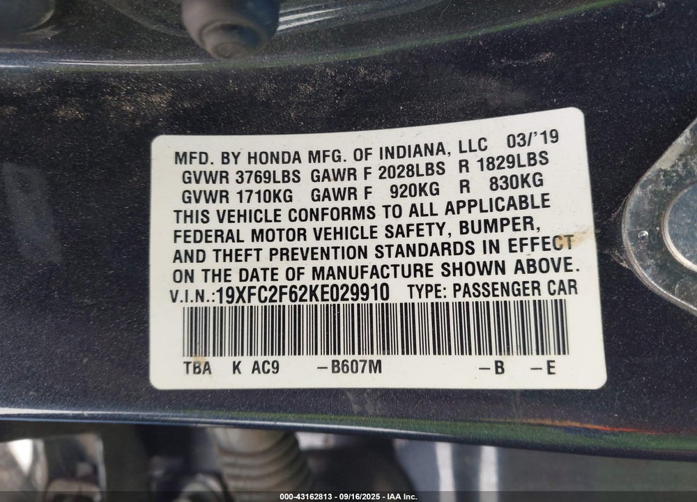 2019 HONDA CIVIC VIN: 19XFC2F62KE029910