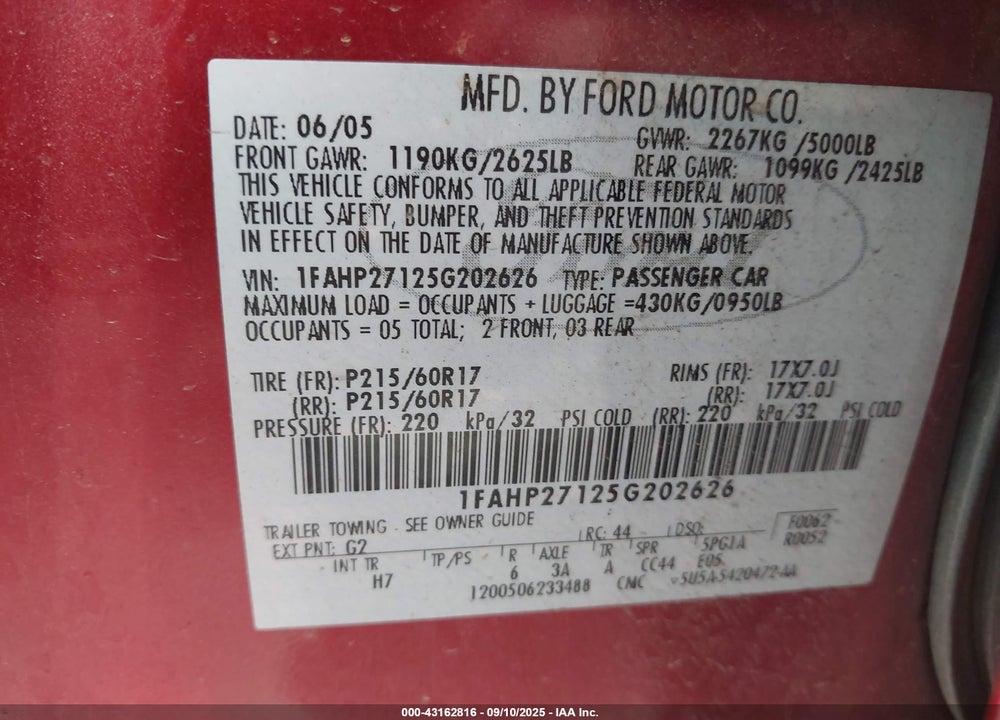 2005 FORD FIVE HUNDRED SEL VIN: 1FAHP27125G202626
