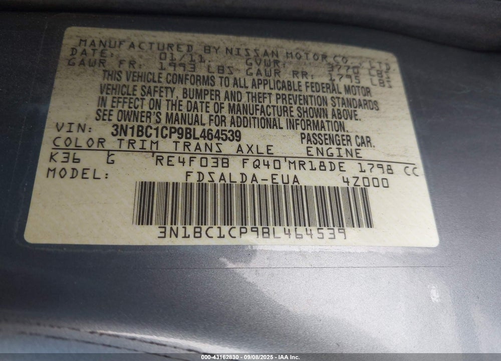 2011 NISSAN VERSA VIN: 3N1BC1CP9BL464539