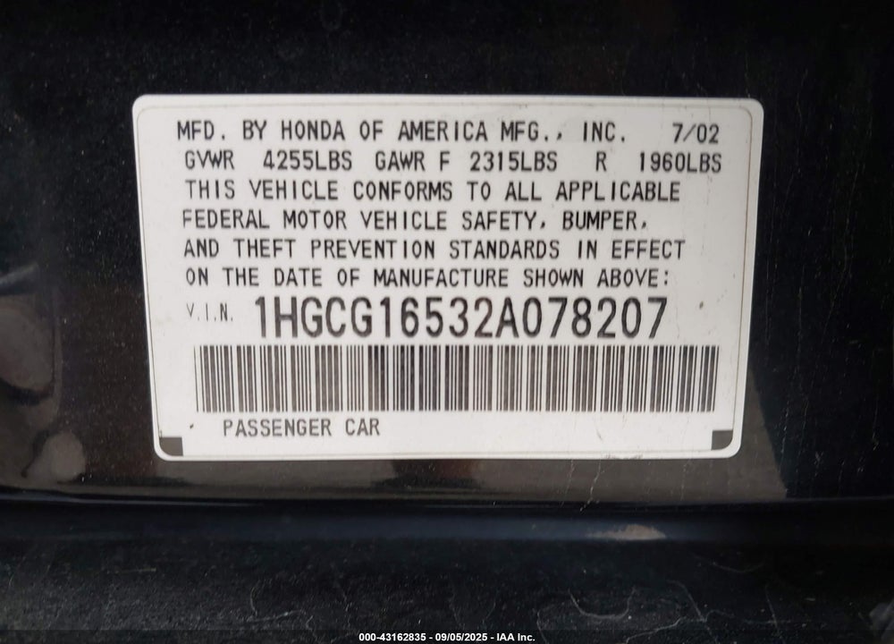 2002 HONDA ACCORD 3.0 EX VIN: 1HGCG16532A078207