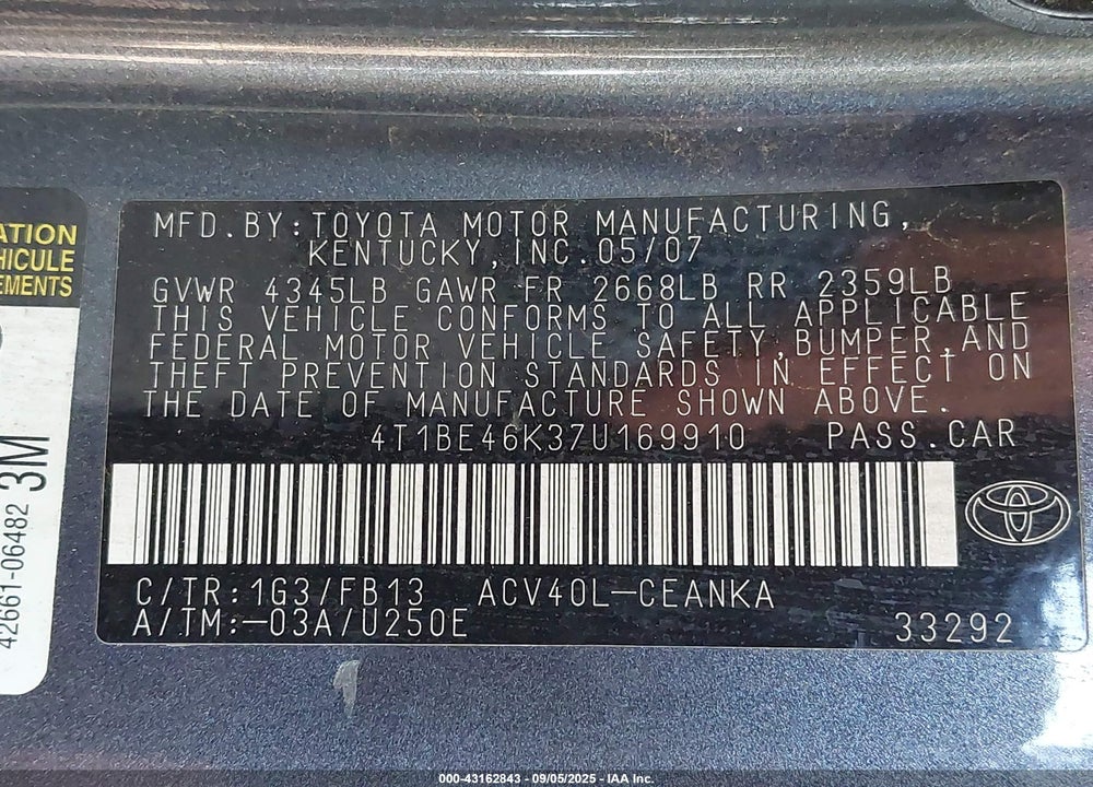 2007 TOYOTA CAMRY LE VIN: 4T1BE46K37U169910