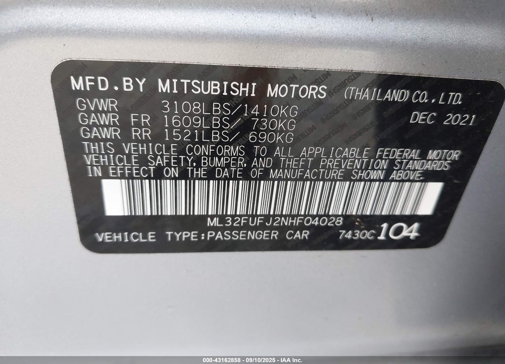 2022 MITSUBISHI MIRAGE G4 BLACK EDITION/ES/LE VIN: ML32FUFJ2NHF04028