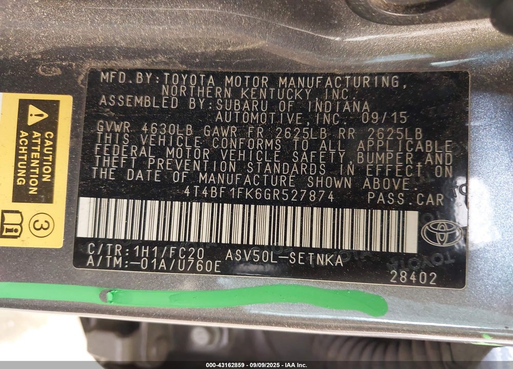 2016 TOYOTA CAMRY LE VIN: 4T4BF1FK6GR527874