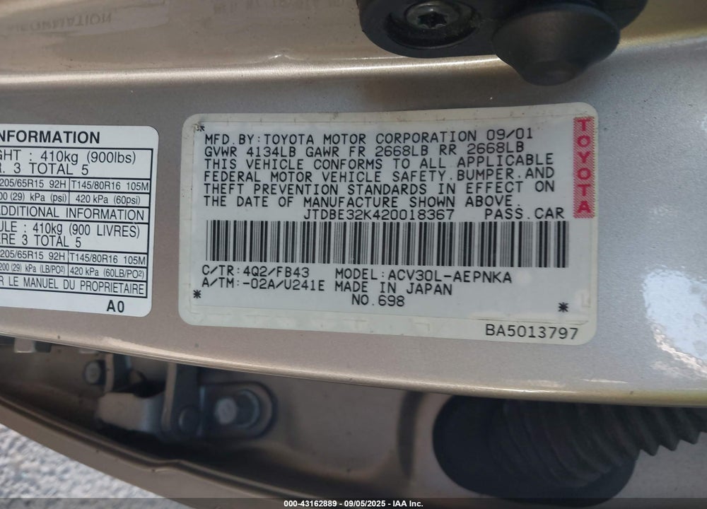 2002 TOYOTA CAMRY LE VIN: JTDBE32K420018367