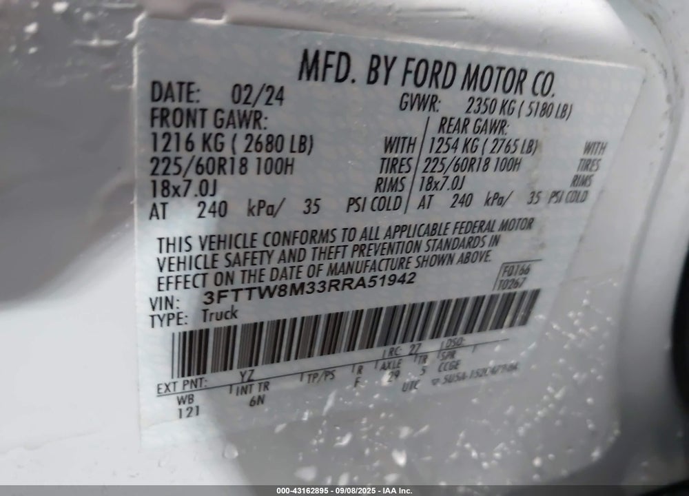 2024 FORD MAVERICK LARIAT VIN: 3FTTW8M33RRA51942