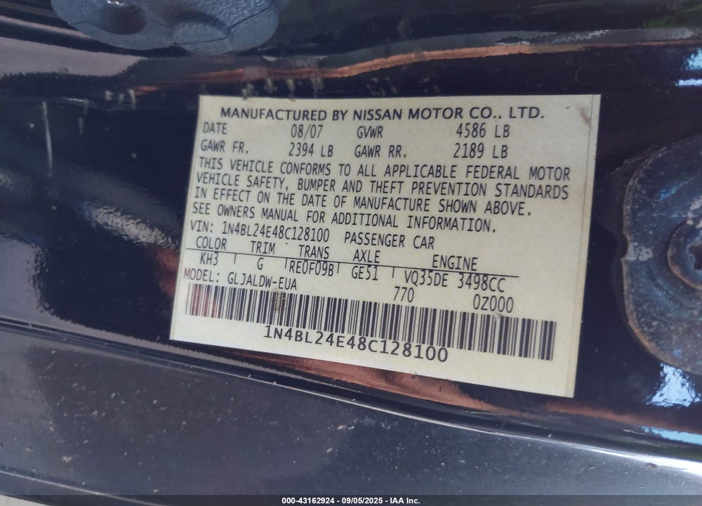 2008 NISSAN ALTIMA 3.5 SE VIN: 1N4BL24E48C128100