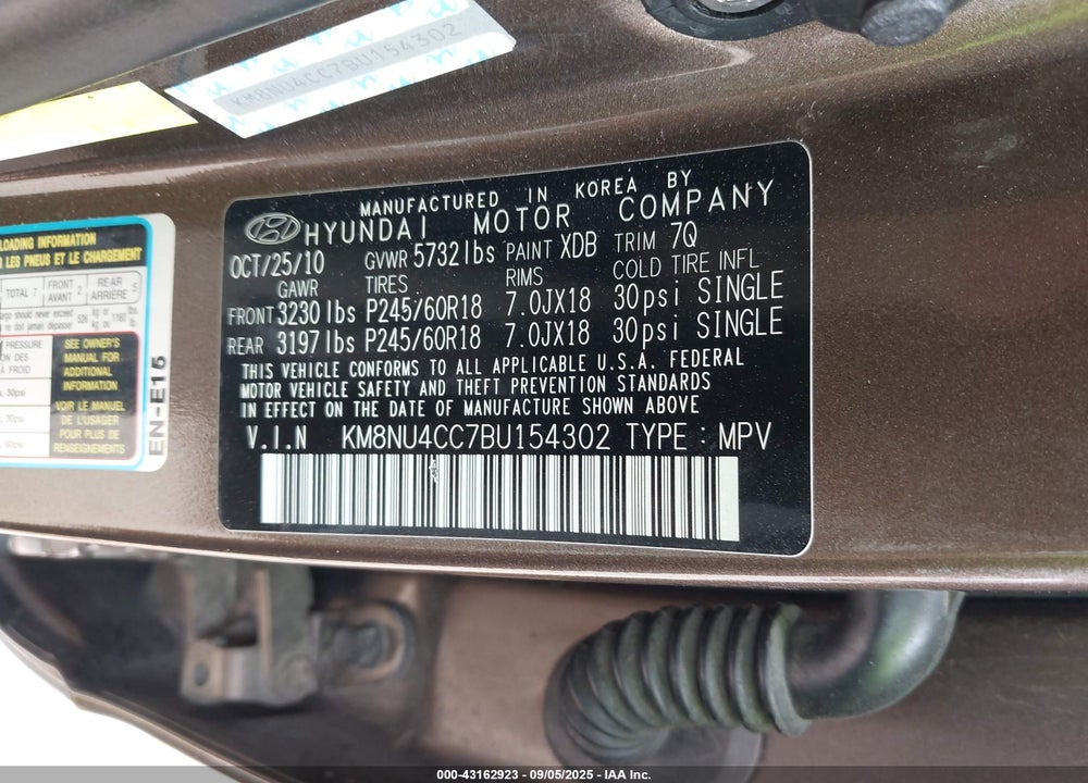 2011 HYUNDAI VERACRUZ VIN: KM8NU4CC7BU154302