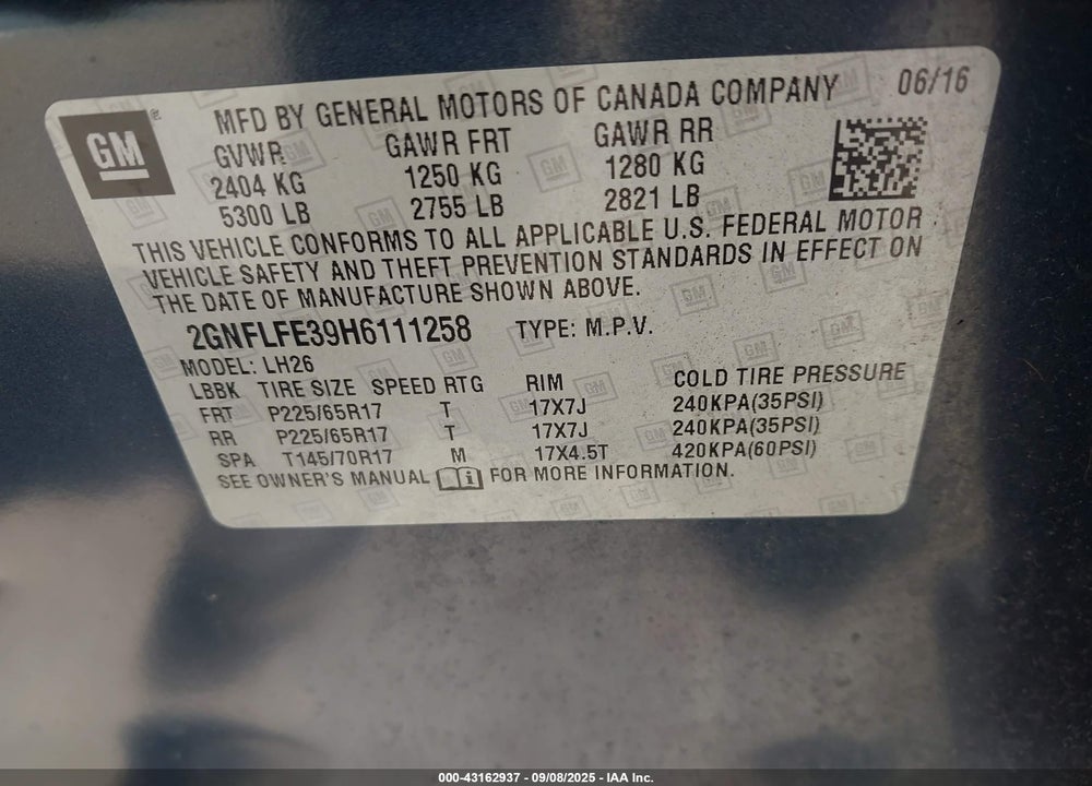 2017 CHEVROLET EQUINOX VIN: 2GNFLFE39H6111258