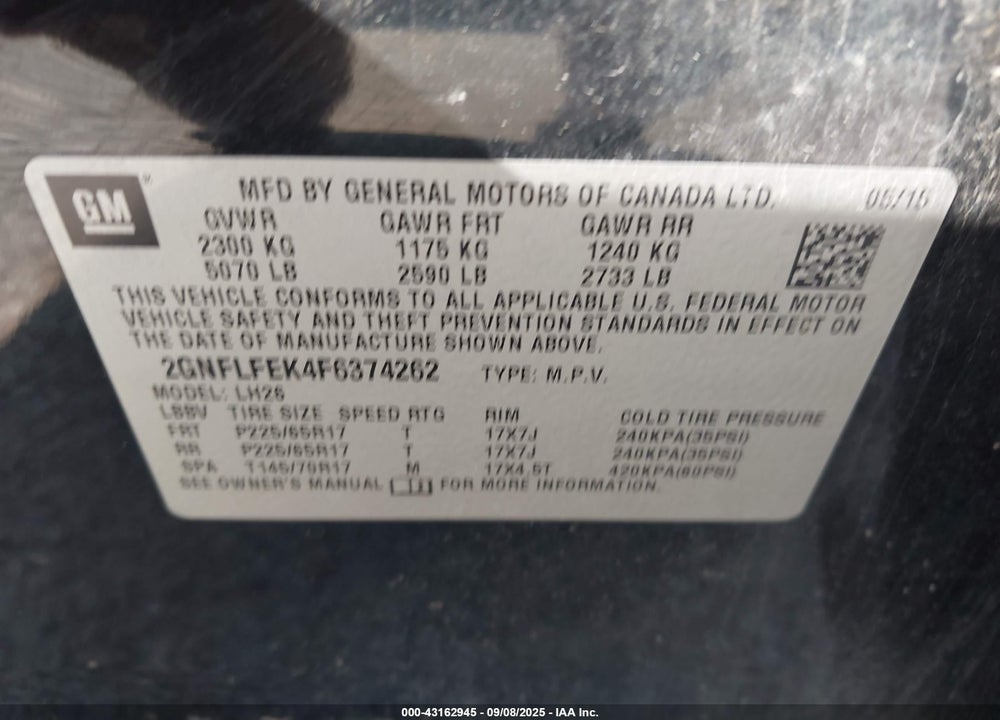 2015 CHEVROLET EQUINOX VIN: 2GNFLFEK4F6374262