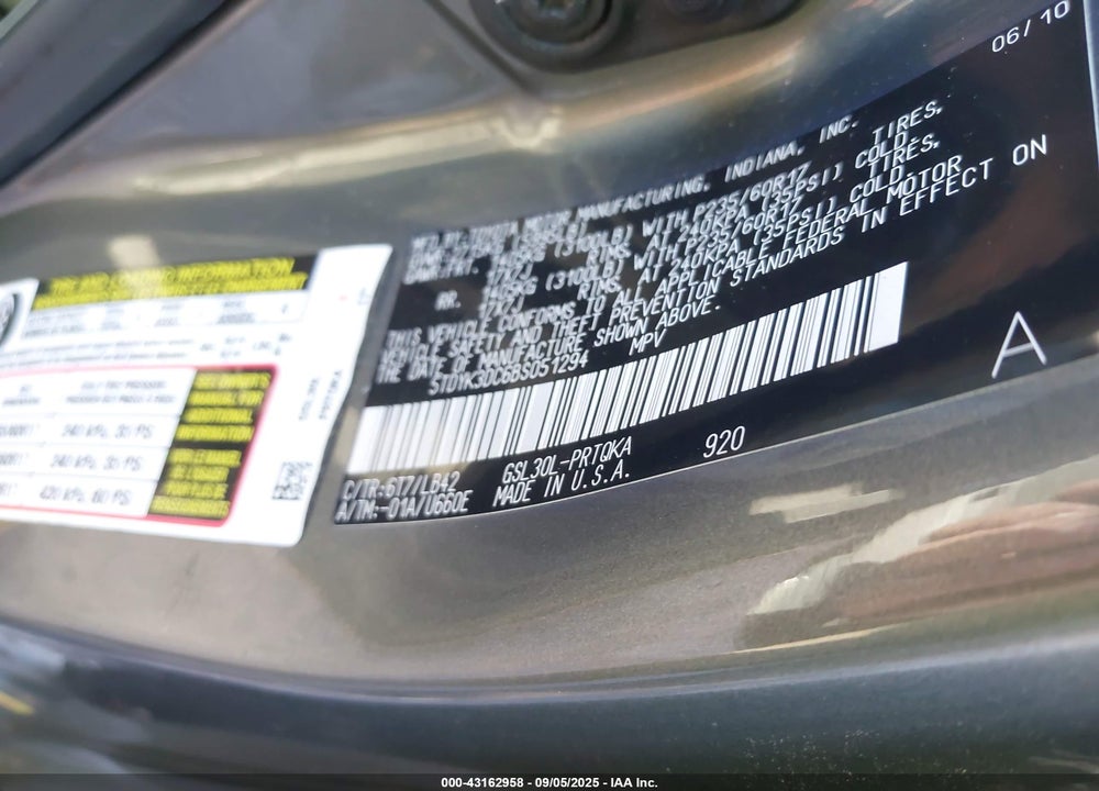 2011 TOYOTA SIENNA XLE V6 VIN: 5TDYK3DC6BS051294