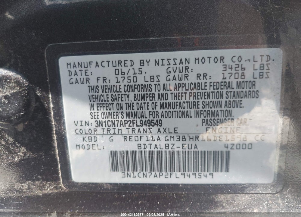 2015 NISSAN VERSA 1.6 SV VIN: 3N1CN7AP2FL949549