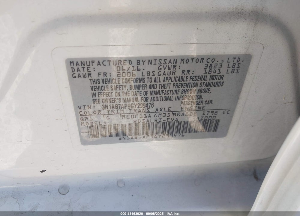 2016 NISSAN SENTRA VIN: 3N1AB7AP9GY299476