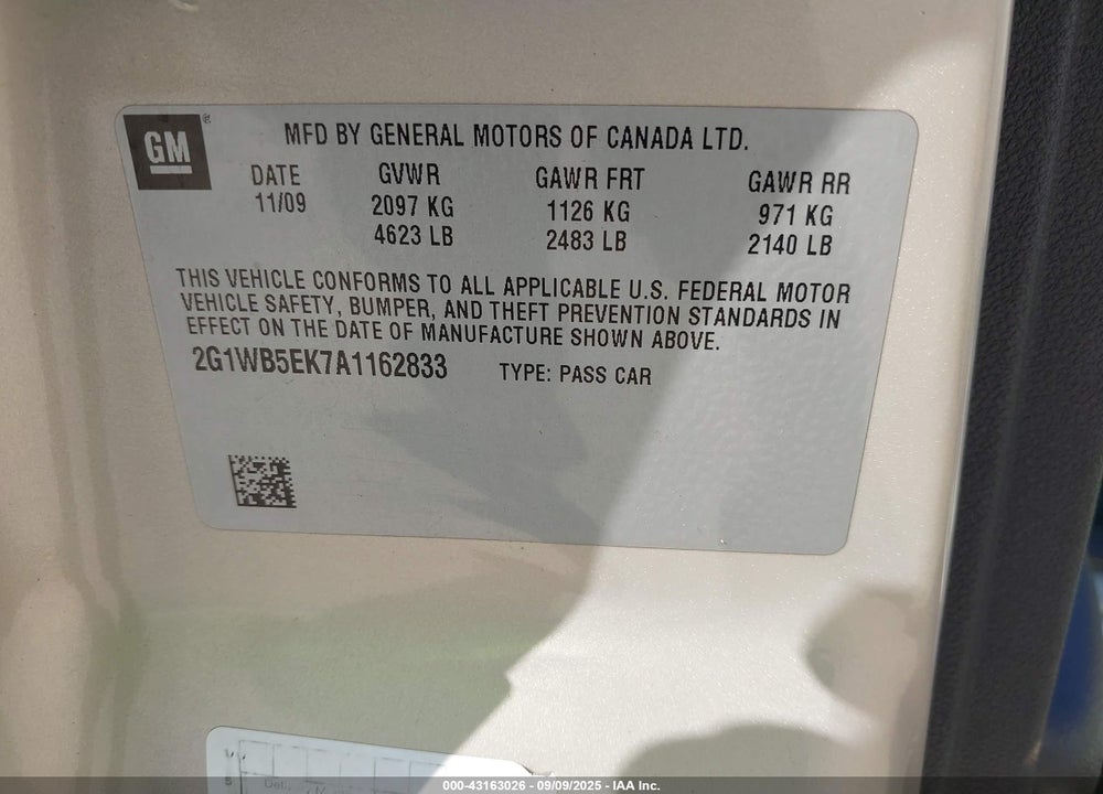 2010 CHEVROLET IMPALA VIN: 2G1WB5EK7A1162833