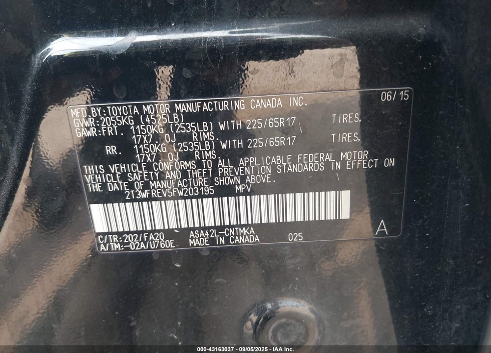 2015 TOYOTA RAV4 XLE VIN: 2T3WFREV5FW203195