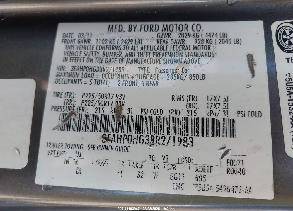 2011 FORD FUSION VIN: 3FAHP0HG3BR271983