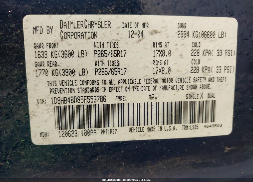 2005 DODGE DURANGO SLT VIN: 1D8HB48D85F553786