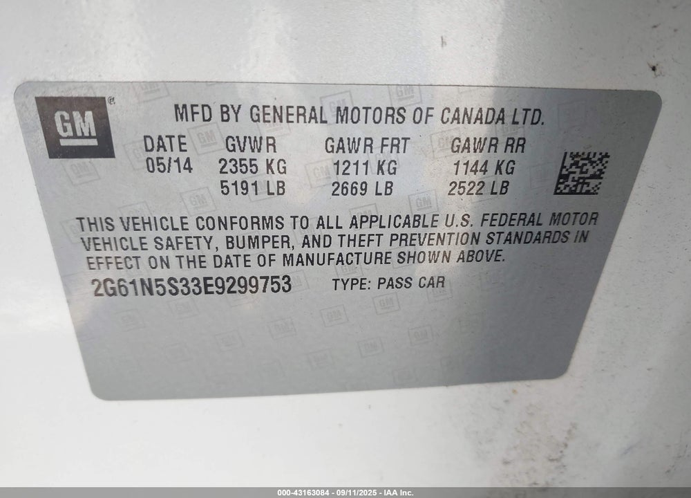 2014 CADILLAC XTS VIN: 2G61N5S33E9299753