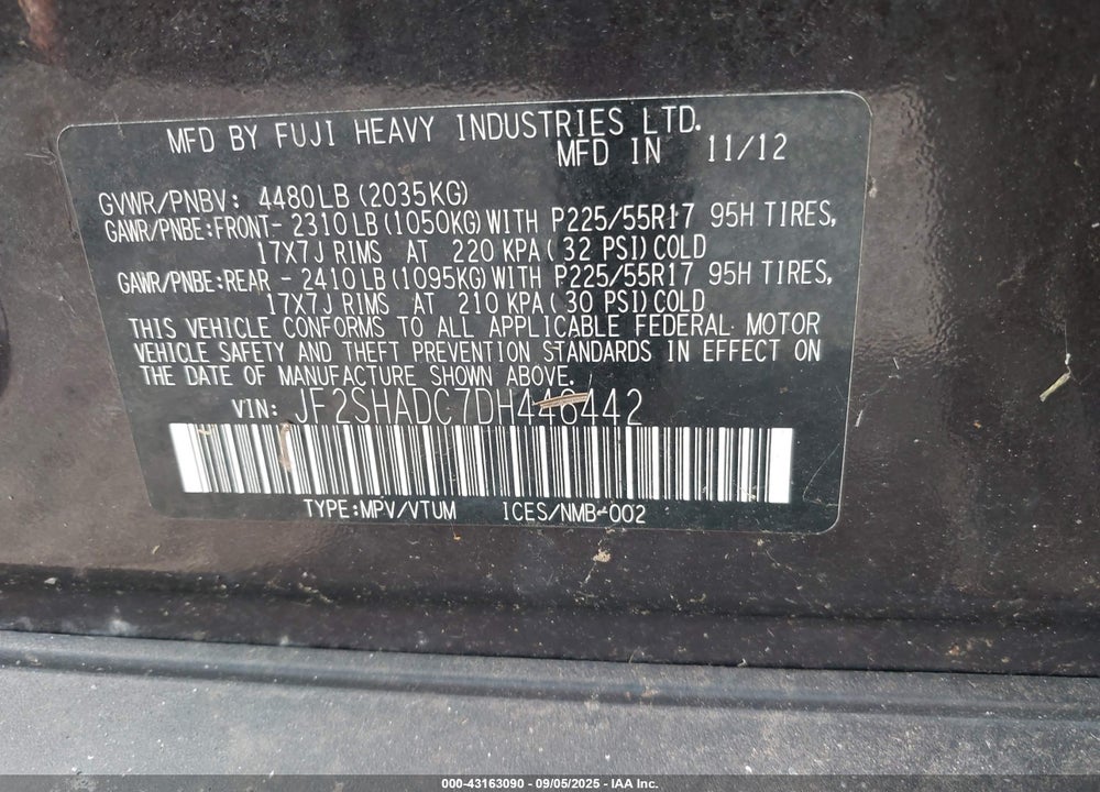 2013 SUBARU FORESTER VIN: JF2SHADC7DH446442