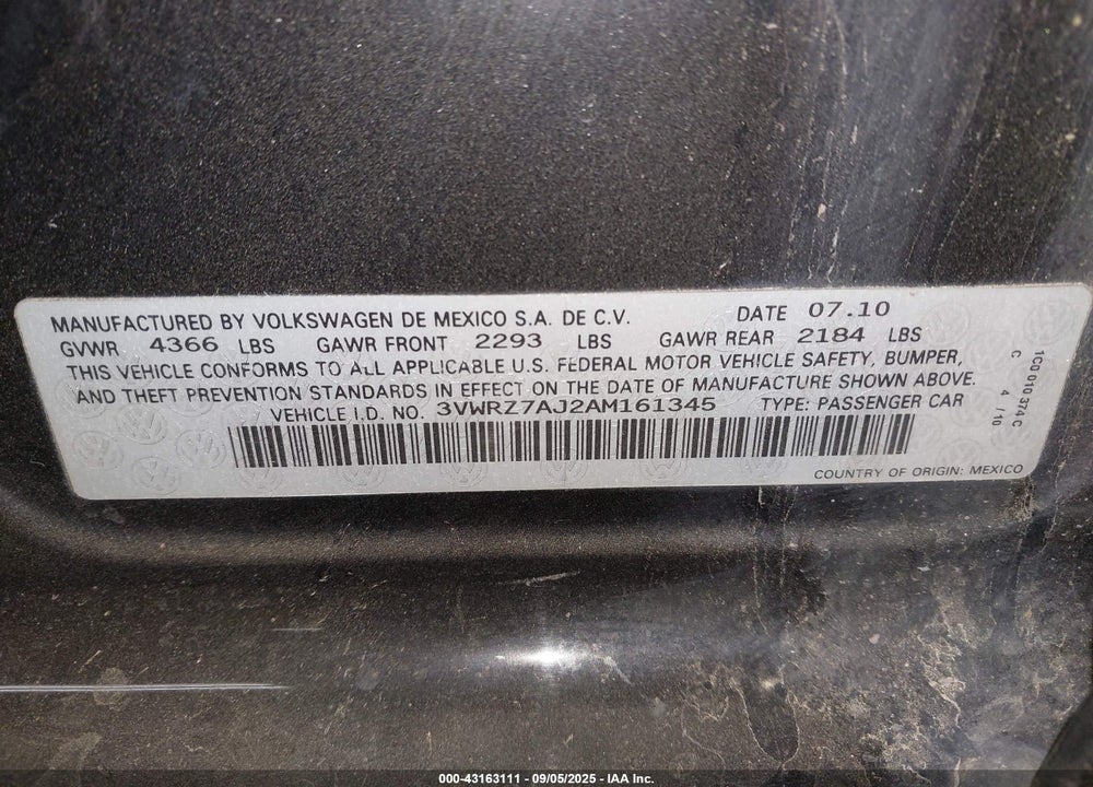 2010 VOLKSWAGEN JETTA VIN: 3VWRZ7AJ2AM161345