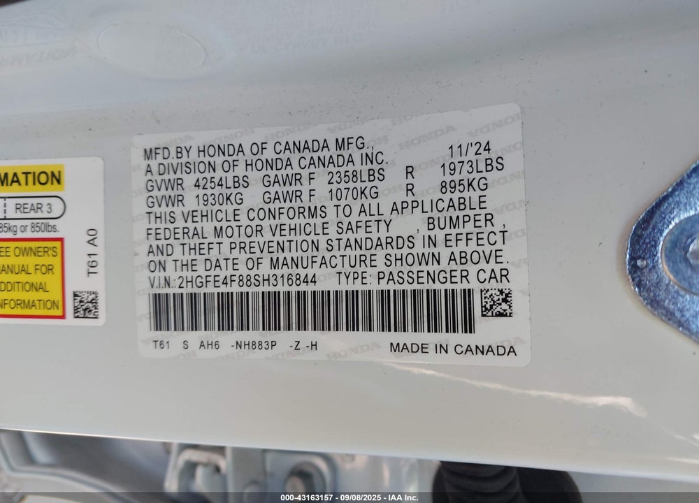 2025 HONDA CIVIC  HYBRID SPORT/SPORT TOURING VIN: 2HGFE4F88SH316844