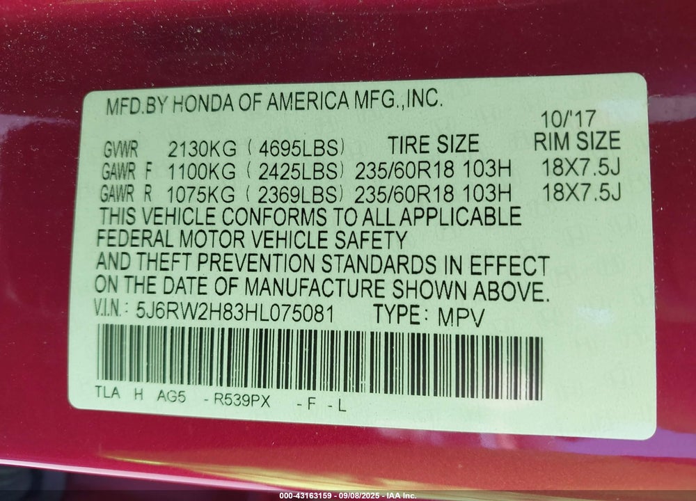 2017 HONDA CR-V VIN: 5J6RW2H83HL075081