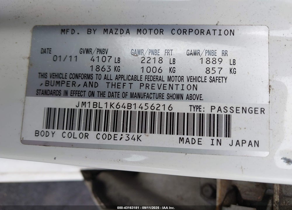 2011 MAZDA 3 VIN: JM1BL1K64B1456216