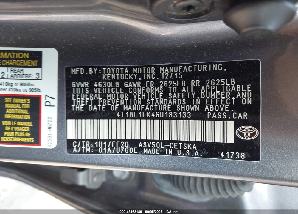 2016 TOYOTA CAMRY SE VIN: 4T1BF1FK4GU183133